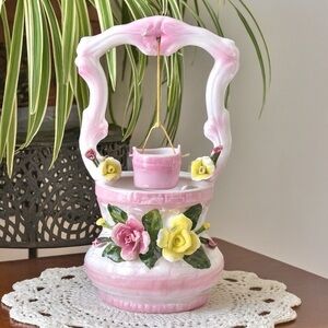 Vintage Pink Lusterware Ceramic Wishing Well Planter Made in Taiwan Decor 13”H